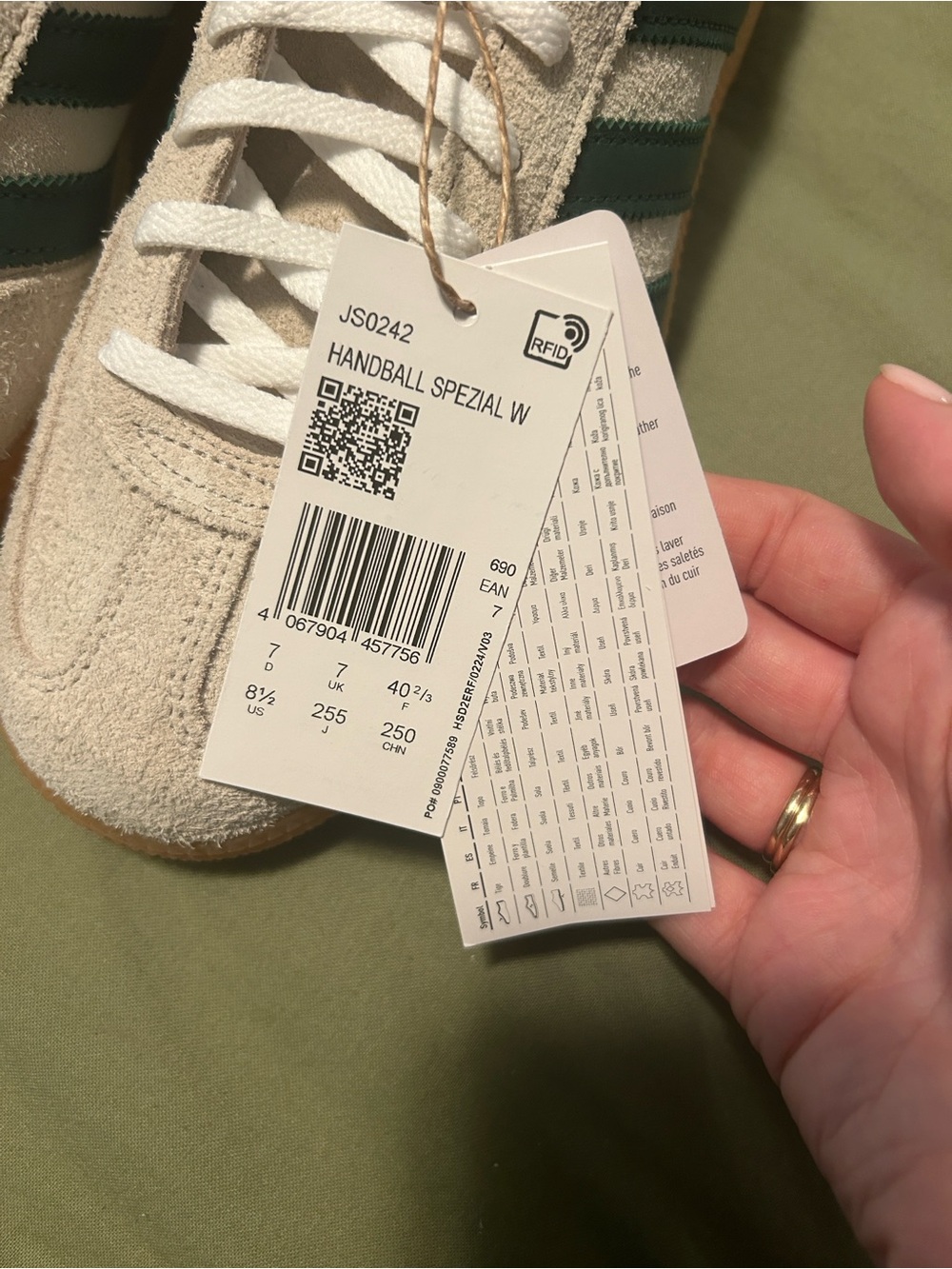 adidas Suede Sneakers in Off-White with Dark Green Stripes and Gum Sole - Picture 14 of 15